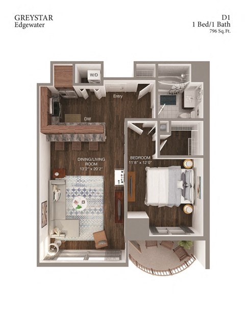 Floor plan for 1 bed, 1 bath, 796 sqft